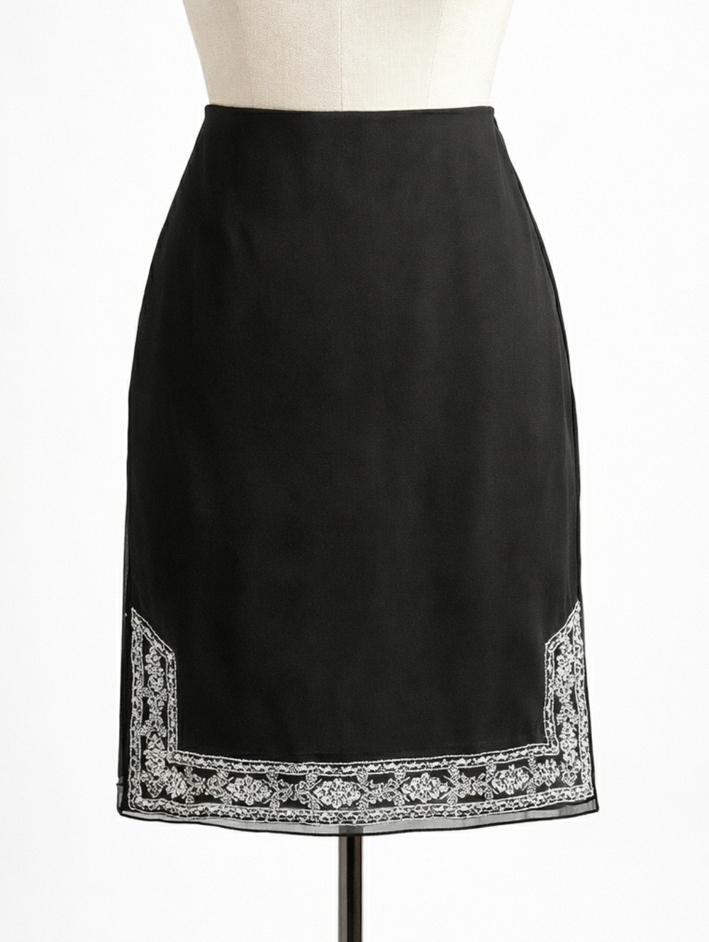 Vintage 90s Black Silk Pencil Skirt | Embroidered Beaded Hem | Size 10